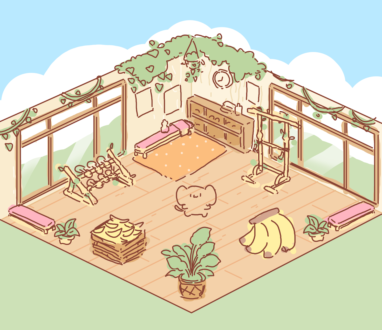 A hand-drawn isometric view of a monkey's home gym, with a squat rack, treadmill, benches, plants, and a bunch of bananas.